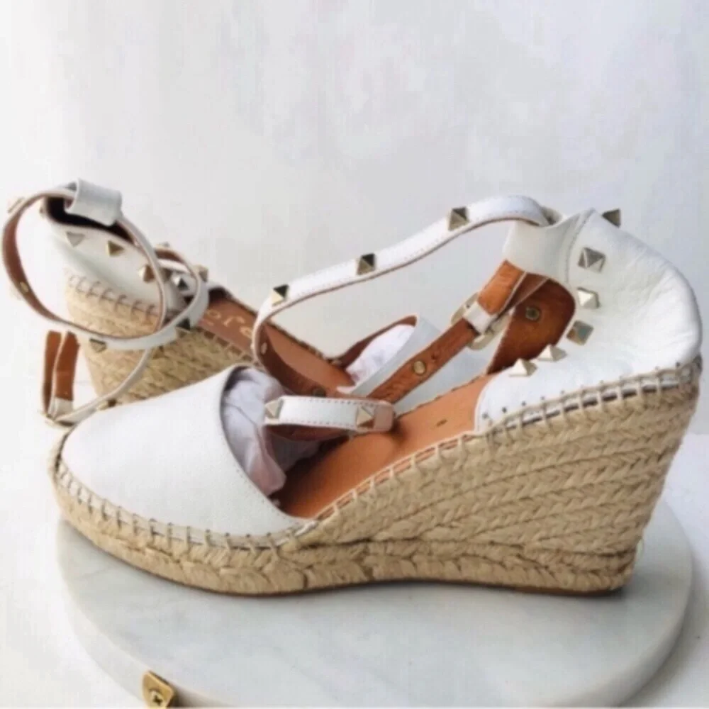 Maypol White Leather Wrap Espadrille Wedges